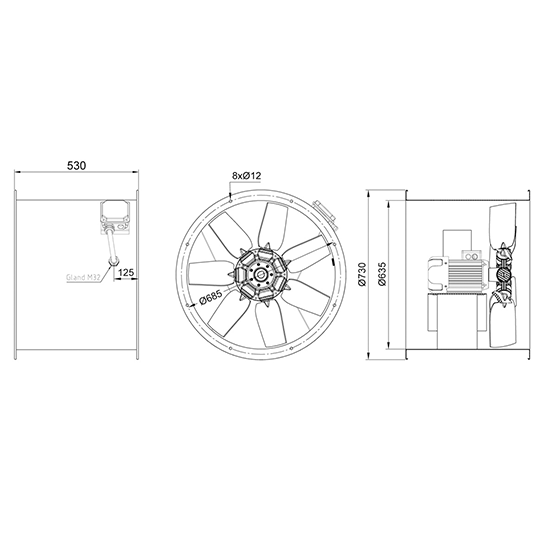 فن آکسیال سیلندری دمنده DASP-KN70-4T-630-30deg